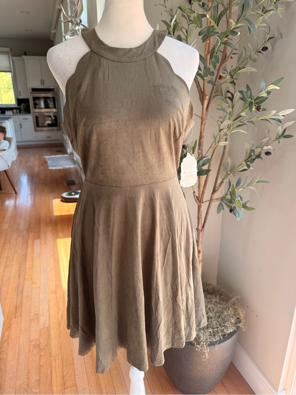 Altar'd State Olive faux Suede Halter Scalloped Mini Dress